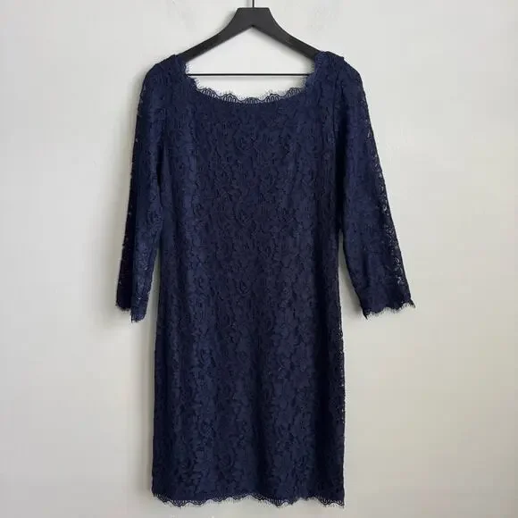 Diane Von Furstenberg Zarita Lace Dress in Navy Blue Size 14 - Picture 3 of 13